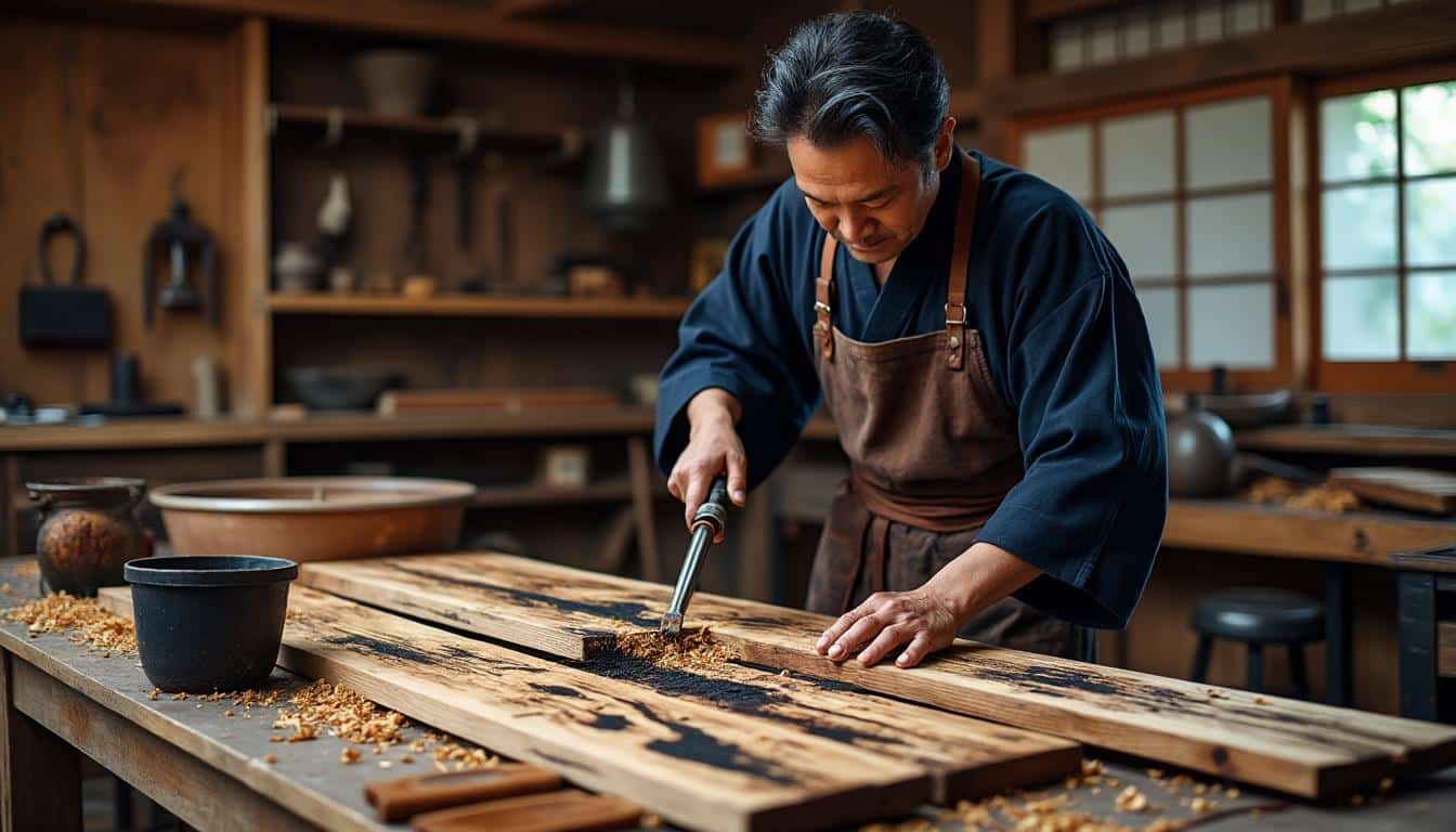 d&eacute;couvrez la technique ancestrale du bois br&ucirc;l&eacute; shou sugi ban, une m&eacute;thode japonaise traditionnelle pour sublimer et prot&eacute;ger le bois avec &eacute;l&eacute;gance.